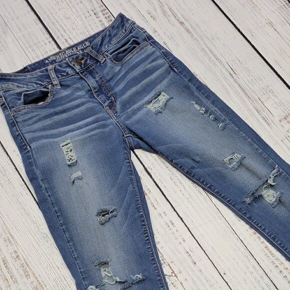 American Eagle Women's Size 6 Hi-Rise Jegging Distressed Dark Wash Skinny Jeans - Picture 3 of 10